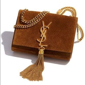 SOLD: Authentic YSL Rare Monogram Small Suede Tassel Crossbody Bag, Camel